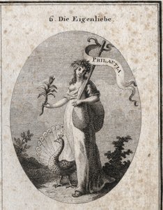Alegoría del amor propio representada como una joven cerrando una bolsa que simboliza sus faltas con una baguette en la que está inscrita la traducción griega “Philautia”. Atributos: el pavo real haciendo la rueda y la flor de narciso. Grabado en “Iconolog de Austrian School