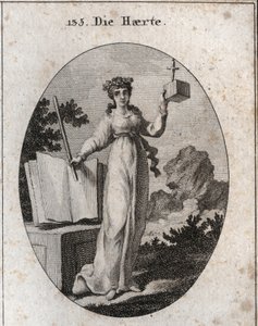 Alegoría de la severidad coronada con una rama de roble, atributo de la fuerza. Se apoya en un libro de leyes y sostiene una vara de hierro. El cubo en el que un puñal está ralentizando desea su cercanía y su inflexibilidad. Grabado en "Iconologie oder Ide de Austrian School