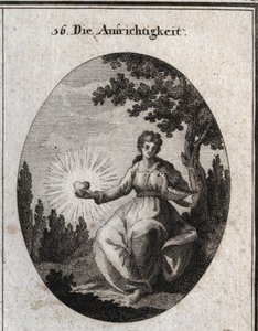 Alegoría de la sinceridad sosteniendo una paloma contra su pecho y presentando un corazón radiante. Grabado en “Iconologie oder Ideen aus dem Gebiete der Leidenschaften und Allegorien bildich dargestellt fur Zeichner, Mahler, Dichter, Gelehrte, Erzieher un de Austrian School
