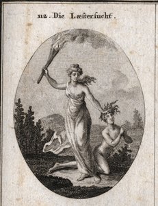 Alegoría de la calumnia sosteniendo una antorcha encendida y arrastrando sin piedad a un adolescente desnudo que junta las manos y mira al cielo. Grabado en “Iconologie oder Ideen aus dem Gebiete der Leidenschaften und Allegorien bildich dargestellt fur Ze de Austrian School