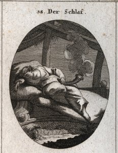 Alegoría del sueño en una cama de ébano cerca de la cual fluye un arroyo. Sostiene un cono negro y pulido de donde sale un vapor que significa sueños. Grabado en “Iconologie oder Ideen aus dem Gebiete der Leidenschaften und Allegorien bildich dargestellt f