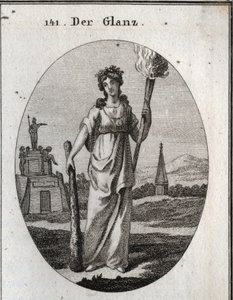 Alegoría del esplendor. El garrote en el que se apoya es el símbolo de las virtudes. La cadena y la medalla de oro son la recompensa. La antorcha encendida es luz para las bellas acciones. Grabado en “Iconologie oder Ideen aus dem Gebiete der Leidenschafte de Austrian School