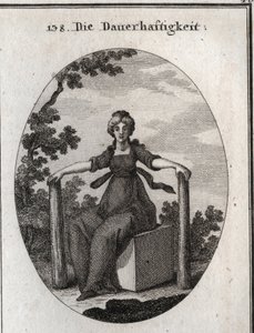 Alegoría de la estabilidad sentada en un cubo de mármol con dos pilas plomadas plantadas en la tierra. Grabado en “Iconologie oder Ideen aus dem Gebiete der Leidenschaften und Allegorien bildich dargestellt fur Zeichner, Mahler, Dichter, Gelehrte, Erzieher de Austrian School