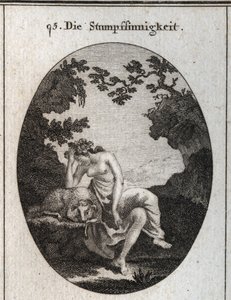 Alegoría de la estupidez. Está apoyada en una oveja, animal naturalmente estúpido. Grabado en Iconologie oder Ideen aus dem Gebiete der Leidenschaften und Allegorien bildich dargestellt fur Zeichner, Mahler, Dichter, Gelehrte, Erzieher und freunde Hoherer  de Austrian School