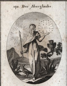 Alegoría de la superstición. Ella sostiene una vela encendida y un círculo de estrellas que rodea los signos de los siete planetas que considera ansiosos. Sus atributos son el búho y el cuervo. Grabado en “Iconologie oder Ideen aus dem Gebiete der Leidensc de Austrian School