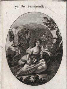 Alegoría de la dulzura o mansedumbre, corona de olivos como símbolo de paz. Su atributo es el elefante, representando la bondad del corazón, el cordero símbolo de mansedumbre y la paloma, emblema de dulzura. Grabado en "Iconologie oder Ideen aus dem Gebiet