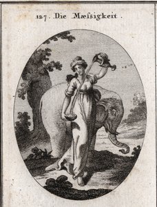 Alegoría de la templanza. Sus atributos son mezclas de agua y vino, así como el elefante, animal que siempre come la misma cantidad de comida sin exceso. Grabado en 