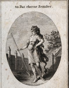 Alegoría de la Edad del Cobre representada como un centinela cerca de una cerca en una actitud orgullosa, armado con un corselete y una jabalina y un gorro de piel de león. Grabado en “Iconologie oder Ideen aus dem Gebiete der Leidenschaften und Allegorien