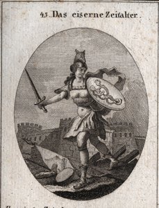 Alegoría de la Edad de Hierro caracterizada por la violencia, la mala fe y la traición. De apariencia feroz, está armada con un casco en la cabeza de un lobo, sostiene una espada y un escudo donde se representan el fraude y el vicio (sirena y serpiente con de Austrian School