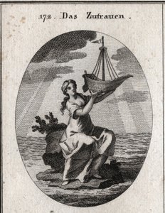 Alegoría de la confianza representada por una mujer sentada en un lugar en medio del mar y sosteniendo en su mano un barco que ha levantado. Grabado en “Iconologie oder Ideen aus dem Gebiete der Leidenschaften und Allegorien bildich dargestellt fur Zeichne de Austrian School