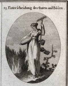 Alegoría de la distinción entre el bien y el mal. El tamiz separa el buen grano de la paja y el rastrillo se usa para quitar las malas hierbas. Grabado en “Iconologie oder Ideen aus dem Gebiete der Leidenschaften und Allegorien bildich dargestellt fur Zeic de Austrian School