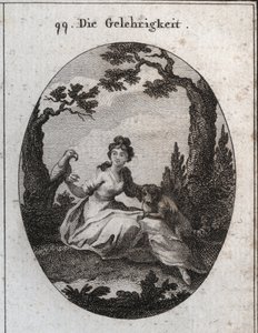 Alegoría de la docilidad. Sus atributos son el periquito y el perrito debido a su obediencia y deseo de agradar. Grabado en "Iconologie oder Ideen aus dem Gebiete der Leidenschaften und Allegorien bildich dargestellt fur Zeichner, Mahler, Dichter, Gelehrte de Austrian School