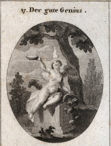 Alegoría del genio favorable bajo la figura de un niño alado con una pequeña llama en su cabeza, sentado en un altar a la sombra de un plátano. El cuerno de la abundancia significa que llena a los hombres con sus favores. El padre es un símbolo de sentimie de Austrian School