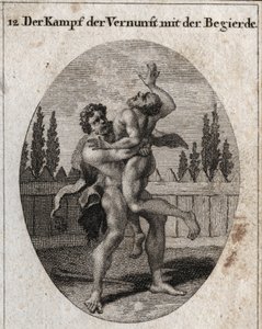 Alegoría de la lucha de la razón y el apetito. El apetito terrenal y carnal está representado por Anteo y Hércules (Heracles) simboliza la razón, la fuerza y el coraje que lo lleva y sofoca a Anteo. Grabado en "Iconologie oder Ideen aus dem Gebiete der Lei de Austrian School
