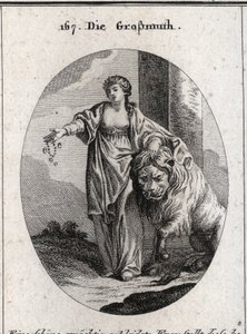 Alegoría de la generosidad con una corona dorada en la cabeza y el pecho descubierto, designando la nobleza de sentimientos y sinceridad del corazón. Presenta joyas y oro en una mano y la otra descansa sobre un león acostado pacíficamente a sus pies. Graba de Austrian School