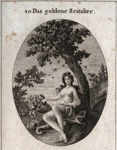 Alegoría de la edad de oro representada con un cuerno de abundancia de frutas, sentado junto a un olivo símbolo de paz en medio del cual hay un enjambre de abejas. Grabado en “Iconologie oder Ideen aus dem Gebiete der Leidenschaften und Allegorien bildich de Austrian School