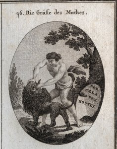 Alegoría de la grandeza del coraje representada por un hombre robusto que abre la boca de un león para arrancarle la lengua. Su atributo es un escudo en el que está inscrito “Per tela, per hostes” (Por armas, a través del enemigo). Grabado en “Iconologie o