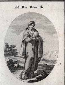 Alegoría de la humildad. Bajo su pie, una corona de oro enriquecida con piedras preciosas. Ella desdén considera una bola que representa la tierra de la cual ella pierde la grandeza. Grabado en "Iconologie oder Ideen aus dem Gebiete der Leidenschaften und  de Austrian School