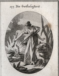 Alegoría de la impiedad sosteniendo una antorcha con la que quema un pelícano en su nido con sus crías. Su atributo es el hipopótamo. Grabado en “Iconologie oder Ideen aus dem Gebiete der Leidenschaften und Allegorien bildich dargestellt fur Zeichner, Mahl de Austrian School
