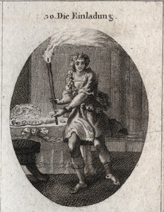 Alegoría de la invitación como un joven con rostro risueño invitando a una mesa cubierta de platos. La antorcha que sostiene es el atributo de Comus, dios de las fiestas y las fiestas nocturnas. Grabado en "Iconologie oder Ideen aus dem Gebiete der Leidens de Austrian School