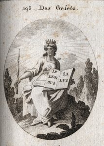 Alegoría de la ley. Su diadema radiante marca su origen divino. El cetro denota su autoridad y el libro está abierto o inscrito “In Legibus Salus” que significa que promete una recompensa a quienes la obedecen. Grabado en “Iconologie oder Ideen aus dem Geb de Austrian School