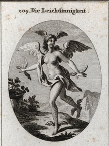 Alegoría de la luz. Tiene alas en su cabeza, hombros, pies y manos. Grabado en "Iconologie oder Ideen aus dem Gebiete der Leidenschaften und Allegorien bildich dargestellt fur Zeichner, Mahler, Dichter, Gelehrte, Erzieher und freunde Hoherer Geschmacksbild