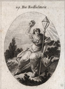 Alegoría de la lealtad (o sinceridad) arrojando una máscara que es el atributo de la falsedad y la mentira. Su emblema es una linterna de cristal, símbolo del relámpago. Un corazón está dibujado en su pecho. Grabado en “Iconologie oder Ideen aus dem Gebiet