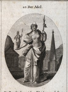 Alegoría de la nobleza. La estrella significa la elevación de los sentimientos. La estatua de Minerva y la lanza marcan que puede adquirir el mérito en ciencia y armas. Grabado en 