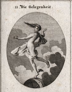 Alegoría de la ocasión. Con alas en los pies y cabello hacia adelante, se apoya ligeramente en una rueda. Grabado en “Iconologie oder Ideen aus dem Gebiete der Leidenschaften und Allegorien bildich dargestellt fur Zeichner, Mahler, Dichter, Gelehrte, Erzie de Austrian School