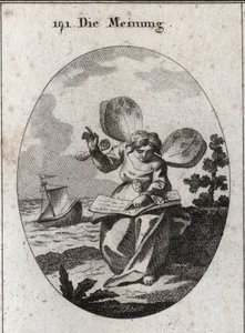 Alegoría de la opinión representada leyendo un libro del cual parece apoyar propuestas. Las alas de mariposa en los hombros y muñecas marcan la inestabilidad de los hombres en sus opiniones. Al fondo, un barco es golpeado por las olas aludiendo a la imagin