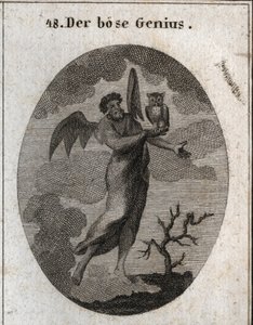 Alegoría del genio opuesto representado por un mal genio con alas de murciélago y sosteniendo un búho, ave de mal augurio. Grabado en "Iconologie oder Ideen aus dem Gebiete der Leidenschaften und Allegorien bildich dargestellt fur Zeichner, Mahler, Dichter de Austrian School