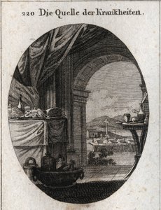 Alegoría del origen de las enfermedades. Séneca, odiando los excesos de los banquetes de su tiempo, dijo un día: “¿Te sorprende ver innumerables enfermedades? Piensa que también hay un número infinito de cocineros.” Grabado en “Iconologie oder Ideen aus de de Austrian School