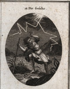Alegoría del peligro representada por un joven que escapa de una corriente rápida pisando una serpiente que lo pica y al mismo tiempo un rayo cae detrás de él. Grabado en “Iconologie oder Ideen aus dem Gebiete der Leidenschaften und Allego de Austrian School