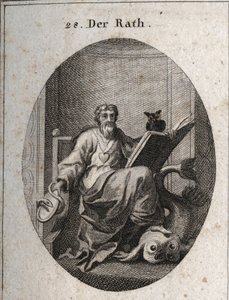 Alegoría del consejo representativo con una cadena de oro y un corazón, emblema de sinceridad. El libro y el búho simbolizan la penetración del conocimiento a través del estudio. El espejo rodeado por la serpiente es el símbolo de la precaución. El delfín 