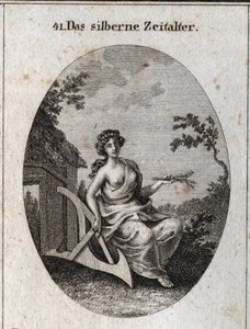 Alegoría de la edad de plata con un mango de espigas para cultivar la tierra y madera para hacer chozas. Grabado en Iconologie oder Ideen aus dem Gebiete der Leidenschaften und Allegorien bildich dargestellt fur Zeichner, Mahler, Dichter, Gelehrte, Erziehe
