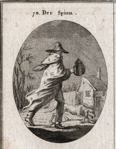 Alegoría del espía. Su abrigo está sembrado de ojos y oídos y sostiene una linterna sorda. Un perro braco huele el terreno. Grabado en "Iconologie oder Ideen aus dem Gebiete der Leidenschaften und Allegorien" de Austrian School