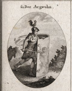 Alegoría de la sospecha cortada detrás de un escudo en el que se encuentra un león, símbolo de la sospecha según Aristóteles, y un gallo en el casco que representa la vigilancia. Grabado en "Iconologie oder Ideen aus dem Gebiete der Leidenschaften und Alle de Austrian School