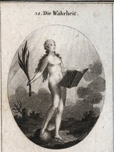 Alegoría de la verdad representada desnuda sin artificios y con aspecto natural mirando la luz del sol. La palma simboliza el triunfo del fraude y el libro representa el estudio. Grabado en “Iconologie oder Ideen aus dem Gebiete der Leidenschaften und Alle de Austrian School