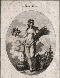 Alegoría del año rodeada de símbolos de las cuatro estaciones (guirnalda de flores para la primavera, guirnalda de trigo para el verano, cesta de uvas para el otoño y vaso de fuego para el invierno). El año está medio desnudo en referencia a los grados de  de Austrian School