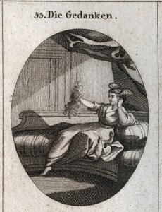 Alegoría de los pensamientos representada con alas en la cabeza y sosteniendo un montón de hilos enredados, imagen del embrollo que dan los diversos pensamientos. Grabado en "Iconologie oder Ideen aus dem Gebiete der Leidenschaften und Allegorien" de Austrian School