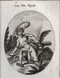 Alegoría del tormento. Su cabeza rodeada de espinas significa tormentos de la mente. La serpiente dice que el miedo al peligro lo hace más formidable. Un buitre come su corazón. Grabado en 