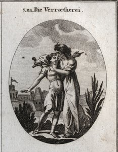 Alegoría de la traición. Una horrible anciana acaricia a un joven apuesto y al mismo tiempo se prepara para apuñalarlo. Grabado en “Iconologie oder Ideen aus dem Gebiete der Leidenschaften und Allegorien bildich dargestellt fur Zeichner, Mahler, Dichter, G de Austrian School