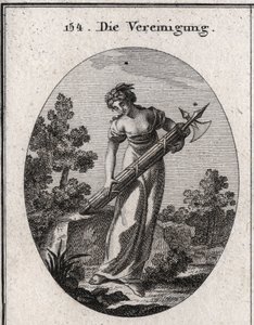 Alegoría de la unión. Coronada con olivo símbolo de paz, y alegría representando la alegría. Fluye sobre un montón de palos fuertemente atados sin doblar la imagen de fuerza y unión. Grabado en "Iconologie oder Ideen aus dem Gebiete der Leidenschaften und 