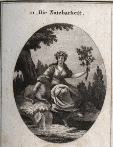 Alegoría de la utilidad. Coronada con uvas y apoyada en una oveja, sostiene una rama de roble llena de frutos y hojas que simbolizan cosas útiles para la vida, al igual que el agua de manantial cerca de la cual se sienta. Grabado en 