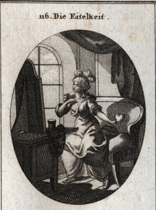 Alegoría de la vanidad. Deseando agradar y ser considerada, se representa frente a su tocador halagándose frente al espejo con un corazón en la mano. Grabado en "Iconologie oder Ideen aus dem Gebiete der Leidenschaften und Allegorien" de Austrian School