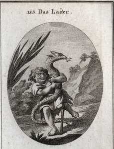 Alegoría del vicio representada por un enano apretando una hidra. Grabado en “Iconologie oder Ideen aus dem Gebiete der Leidenschaften und Allegorien bildlich dargestellt”. de Austrian School
