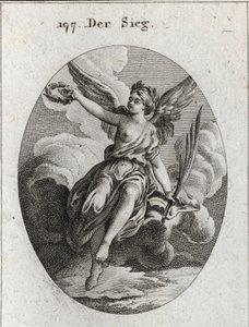 Alegoría de la victoria. Ella tiene alas y sostiene una palma y una corona de laurel. Grabado en “Iconologie oder Ideen aus dem Gebiete der Leidenschaften und Allegorien bildich dargestellt fur Zeichner, Mahler, Dichter, Gelehrte, Erzieher und freunde Hohe de Austrian School