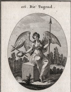 Alegoría de la virtud. El cubo de mármol sobre el que se sienta desea la solidez, y sus alas extendidas significan que se eleva por encima de lo vulgar. Grabado en “Iconologie oder Ideen aus dem Gebiete der Leidenschaften und Allegorien bildich dargestellt de Austrian School