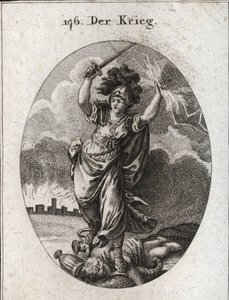 Alegoría de la guerra. Ella sostiene un rayo y una espada desnuda y rompe bajo sus pies jarrones de oro y plata y una estatua del dios Plutus que está simbolizada por un cuerno de la abundancia y una venda. Al fondo, las murallas de una ciudad en ruinas. G de Austrian School