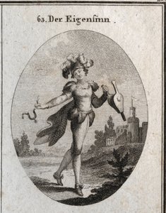 Alegoría del capricho. Su traje y plumas marcan la inconstancia de las fantasías del caprichoso. El fuelle y la espuela que sostiene muestran que alaba tanto la virtud como el vicio indiferentemente. Grabado en “Iconologie oder Ideen aus dem Gebiete der Le